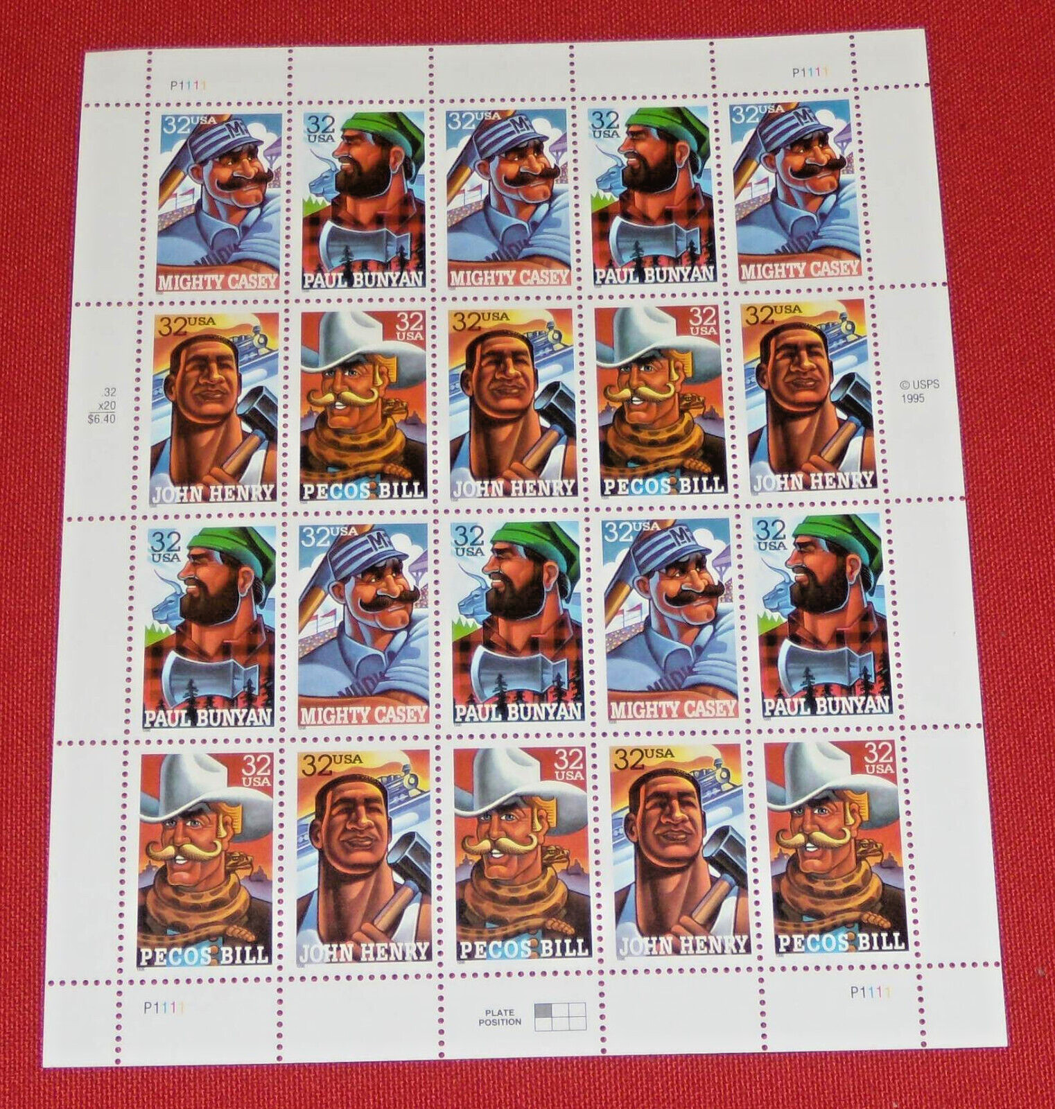 Three Sheets x 20 = 80 of FOLK HEROES 32¢ US Postage Stamps. USA Sc # 3083-3086