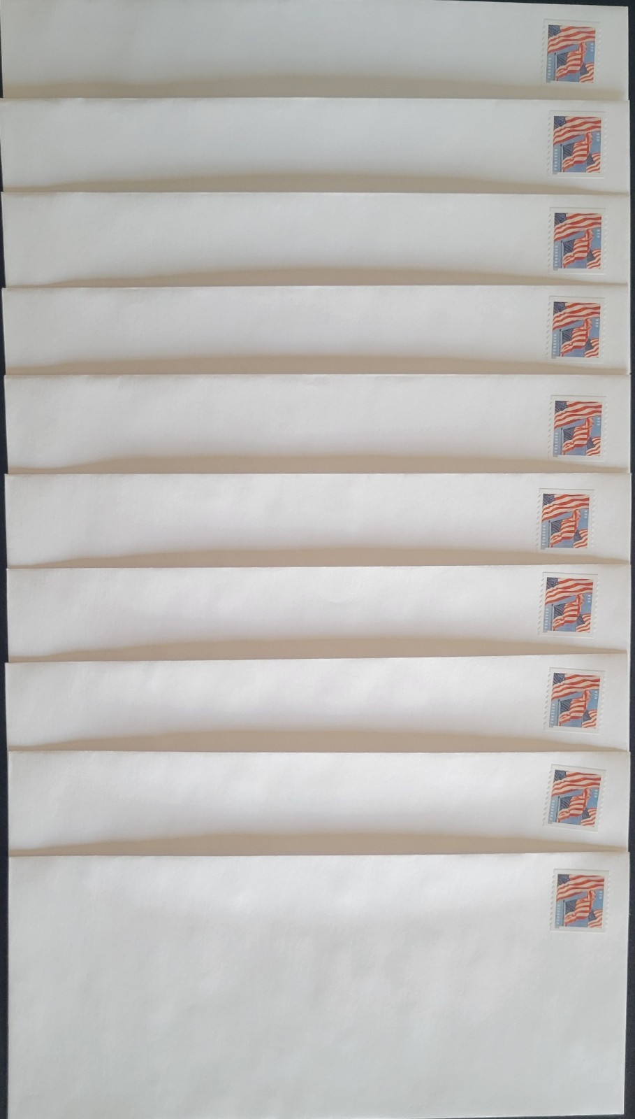 Lot of 10 Stamped Envelopes #10 (4⅛x9½) White Gummed with Forever Flag Coil 5657