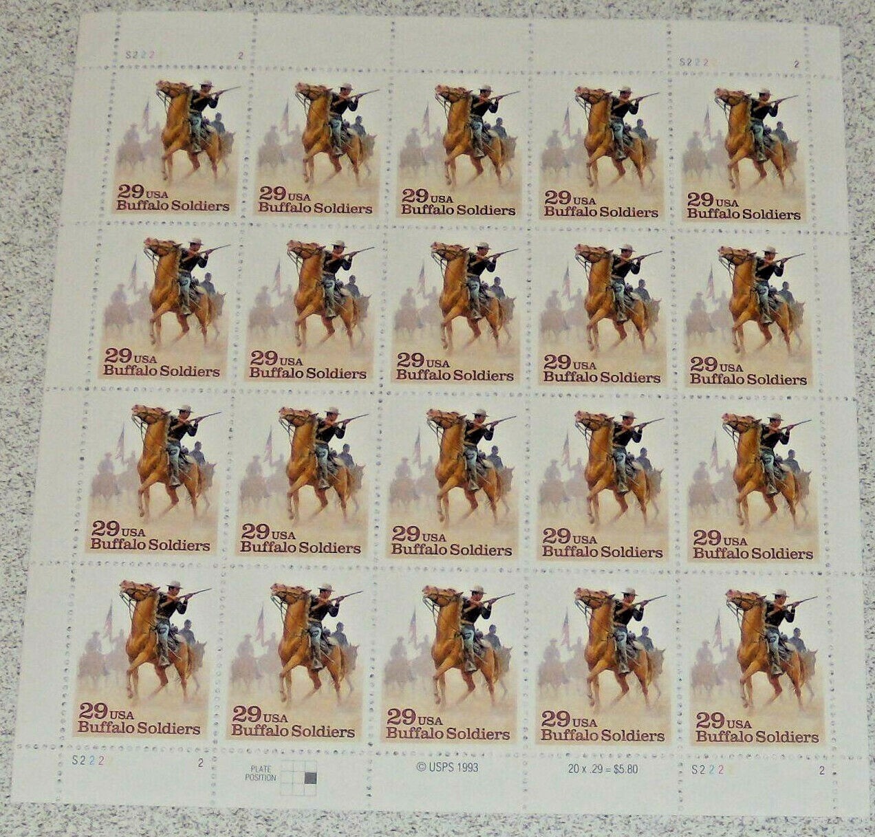 Three Sheets = 60 of BUFFALO SOLDIERS 29¢ US 1994 Postage Stamps. USA Sc # 2818