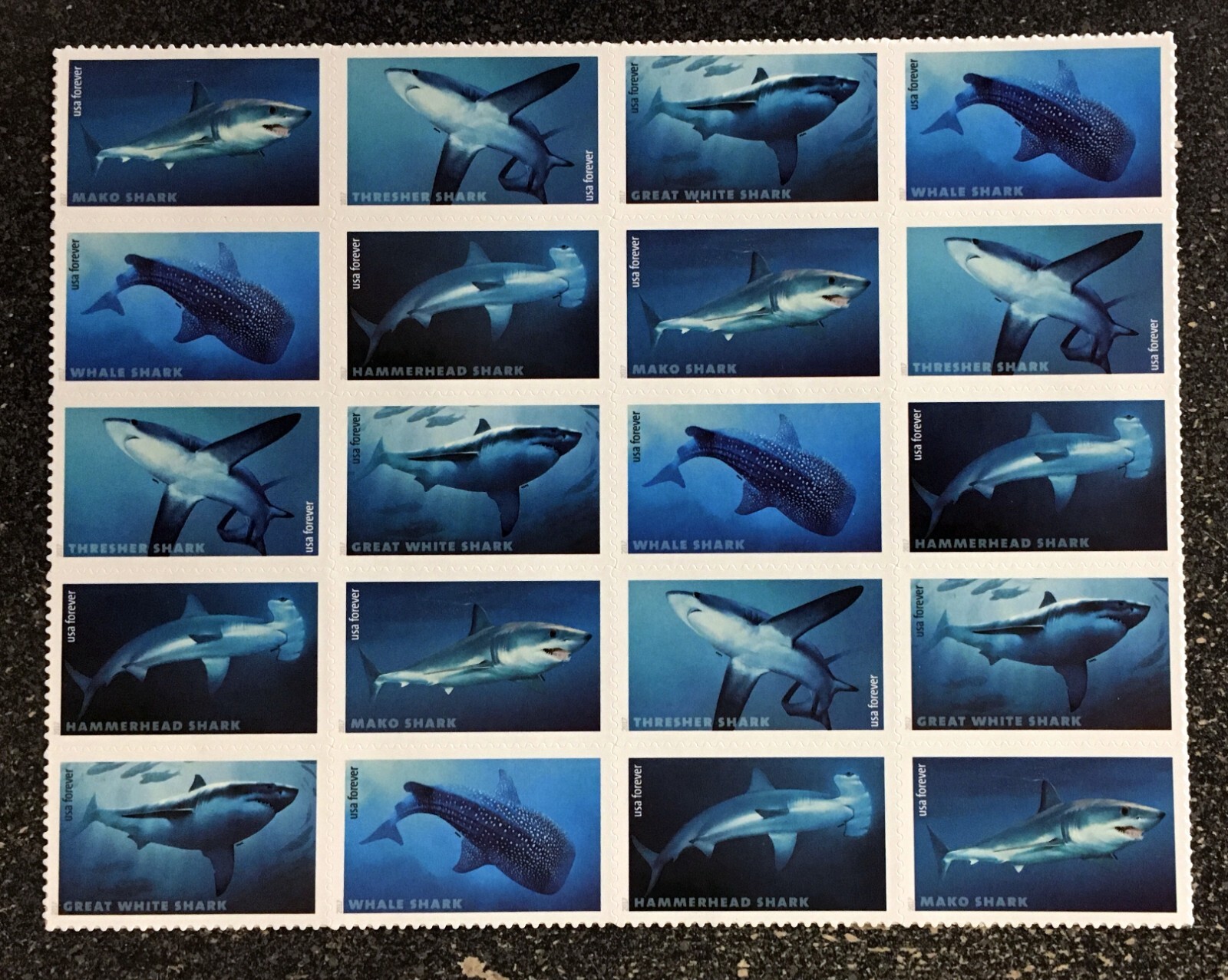 2017USA #5223-5227 Forever Sharks – Block of 20 Postage Stamps From Sheet shark
