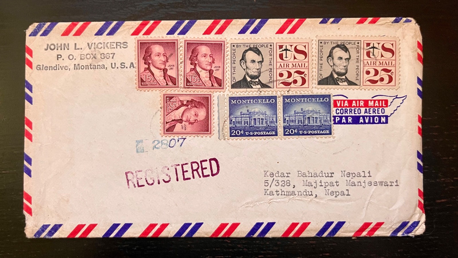 1965 Registered Airmail Cover from USA to Nepal | Multiple US Stamps Lincoln