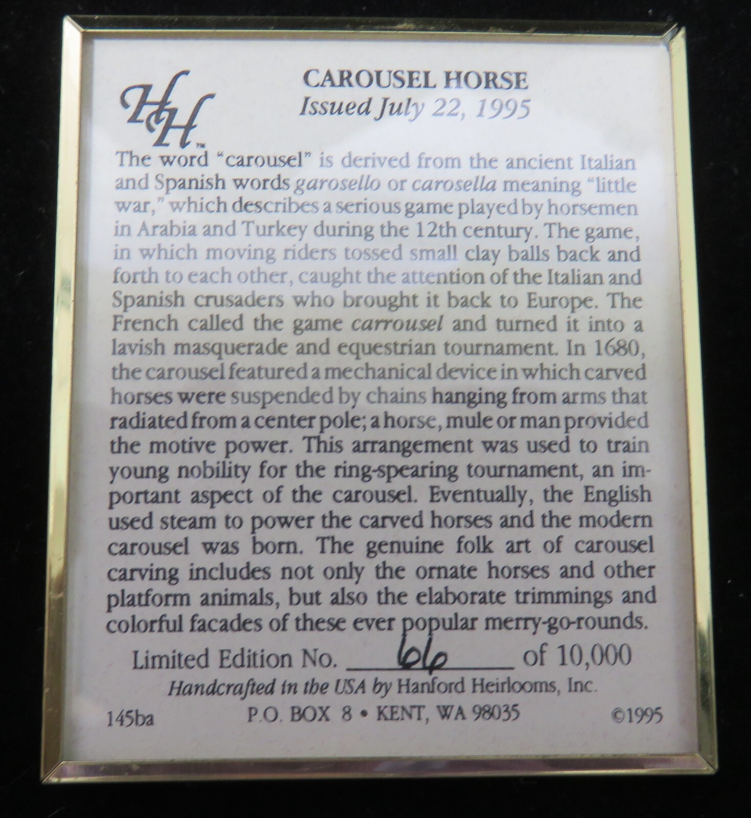 Limited Edition Stamp Carousel Horse 1995 Framed with Glass Number 66 of 10,000