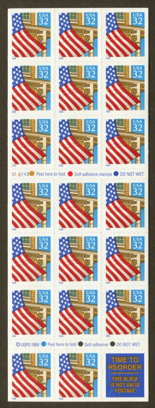 U.S. Scott# 2920a, 1995 Flag/Porch Issue, Plate# V36743, Pane of 20, SCV: $13.00