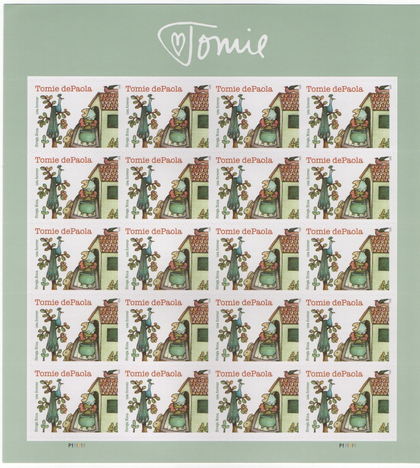 USPS TOMIE dePAOLA Sheet of 20 one ounce rate stamps use for postage from OK