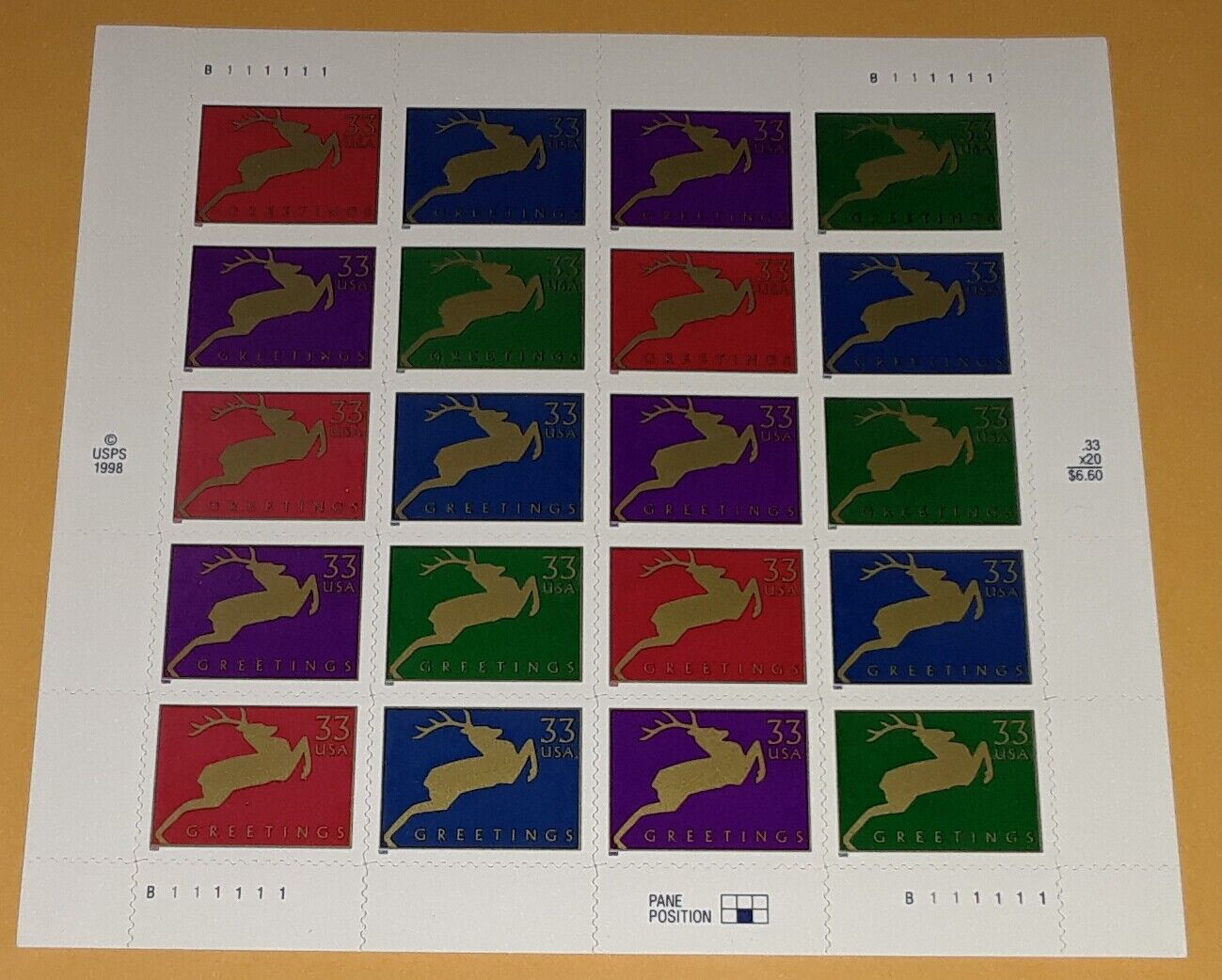 Combo 1 each Pane & Booklet x 20 = 40 Of REINDEER 33¢ US Stamps. USA # 3356-3363