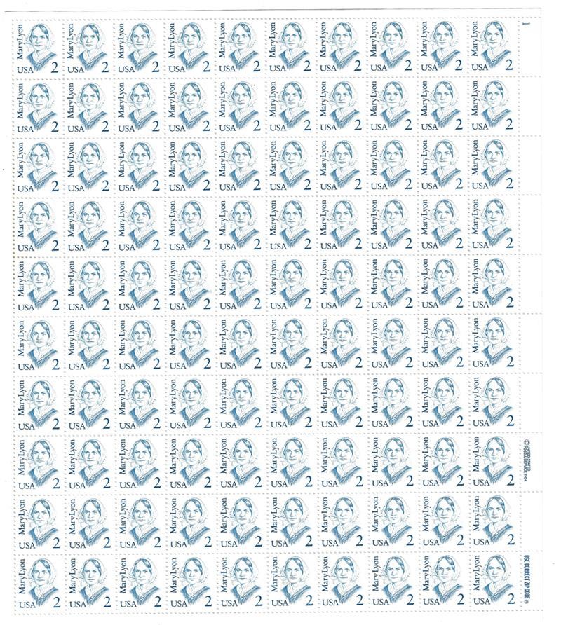 US SCOTT 2169 PANE OF 100 MARY LYON STAMPS 2 CENT FACE MNH