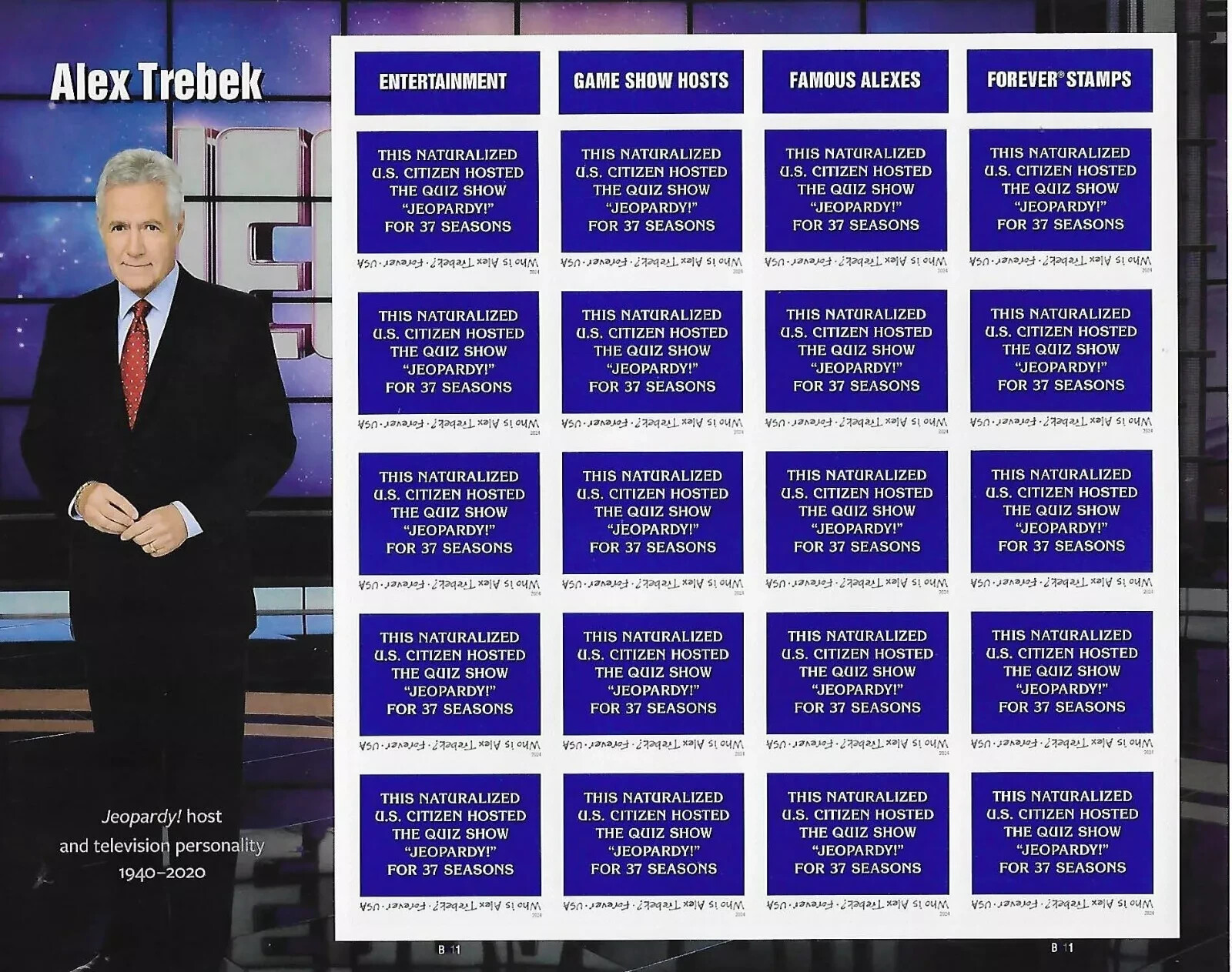 2024 Alex Trebek Forever Stamps Pane of 20