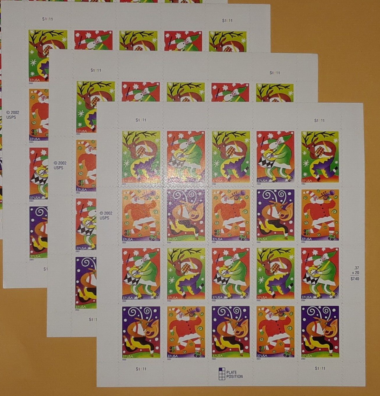 3 Sheets x 20 = 60 of Holiday MUSIC MAKERS 37¢ US Christmas Stamps. Sc 3821-3824