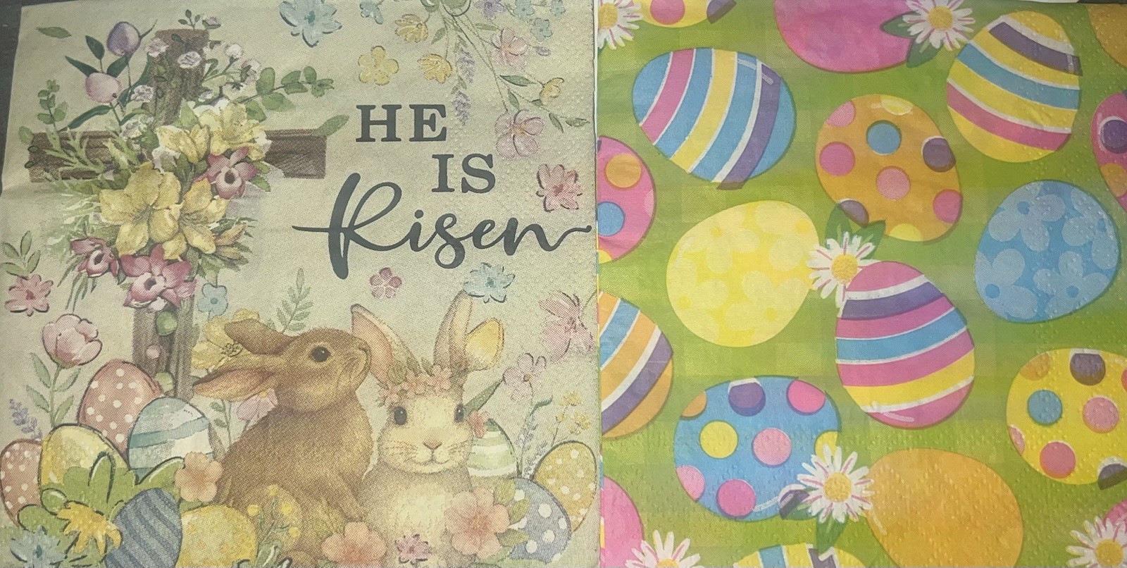 TWO Paper Beverage Decoupage Napkins Easter Cross/eggs He Is risen Rabbits 5”x5
