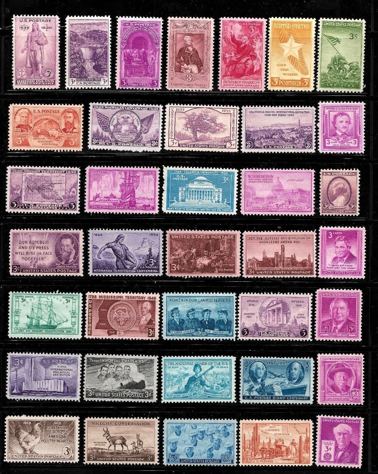 SET OF 37 BEAUTIFUL ASSORTMENT OF THTRE CENT STAMPS – UNUSED – OG – MNH