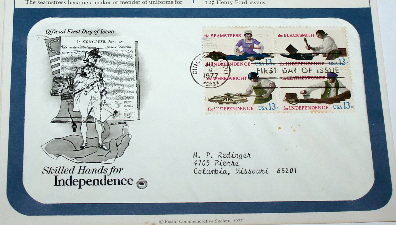 First Day of Issue Souvenir Page Skilled Hands for Independence 1977 Stamp