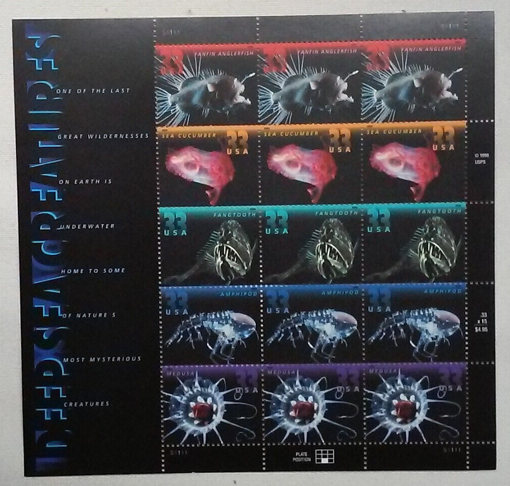 Three Sheets x 15 = 45 of DEEP SEA CREATURES 33¢ US USA Stamps Scott # 3439-3443