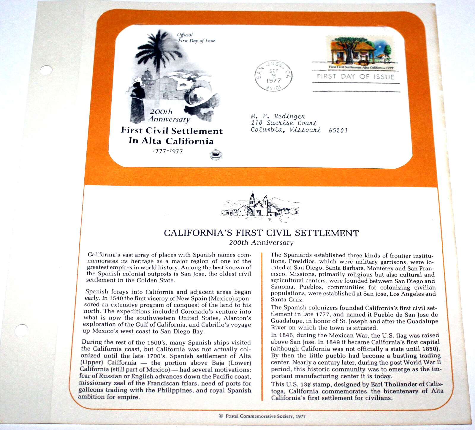 First Day of Issue Souvenir Page First Civil Settlement California 1977 Stamp