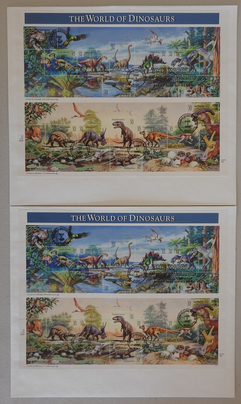 The World of Dinosaurs 32 Cents First Day of Issue Pane of 15 Stamps x 2