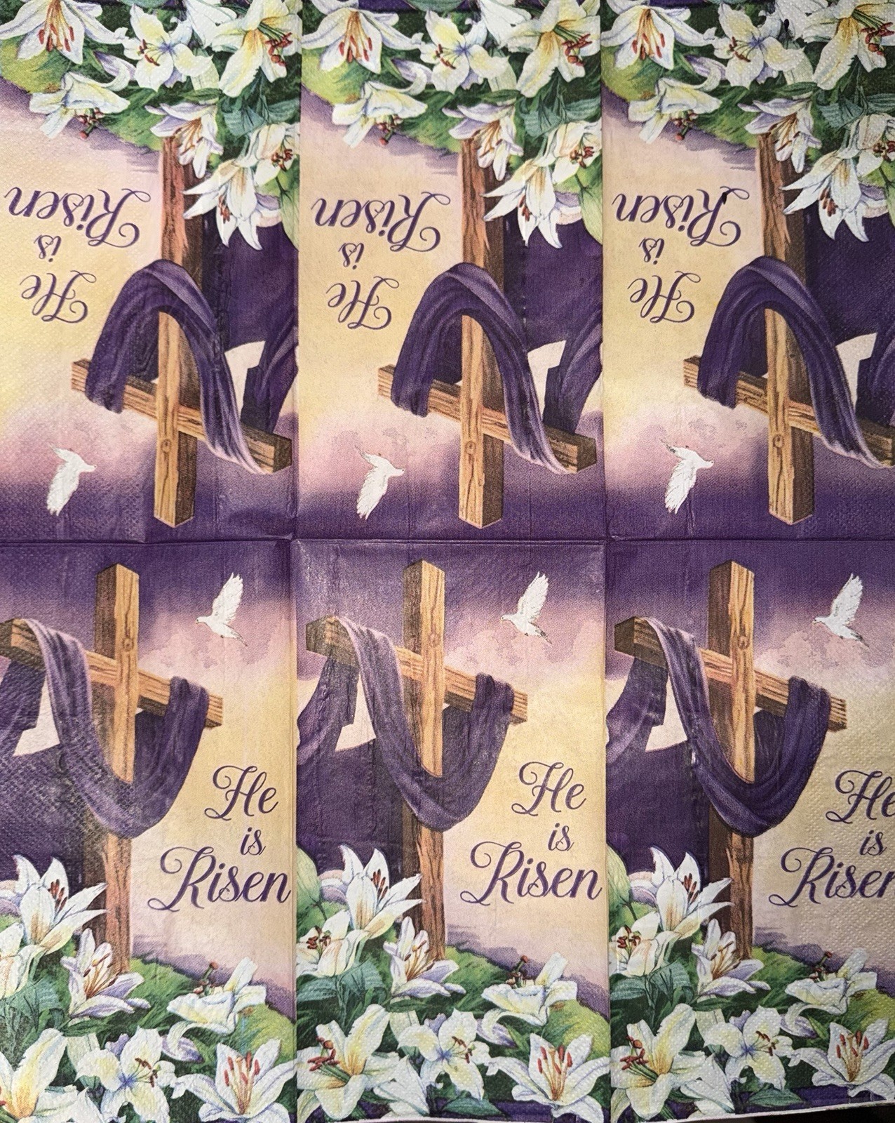 Two Paper Dinner Decoupage Napkin He Is Risen Easter Cross Dove Purple Flower