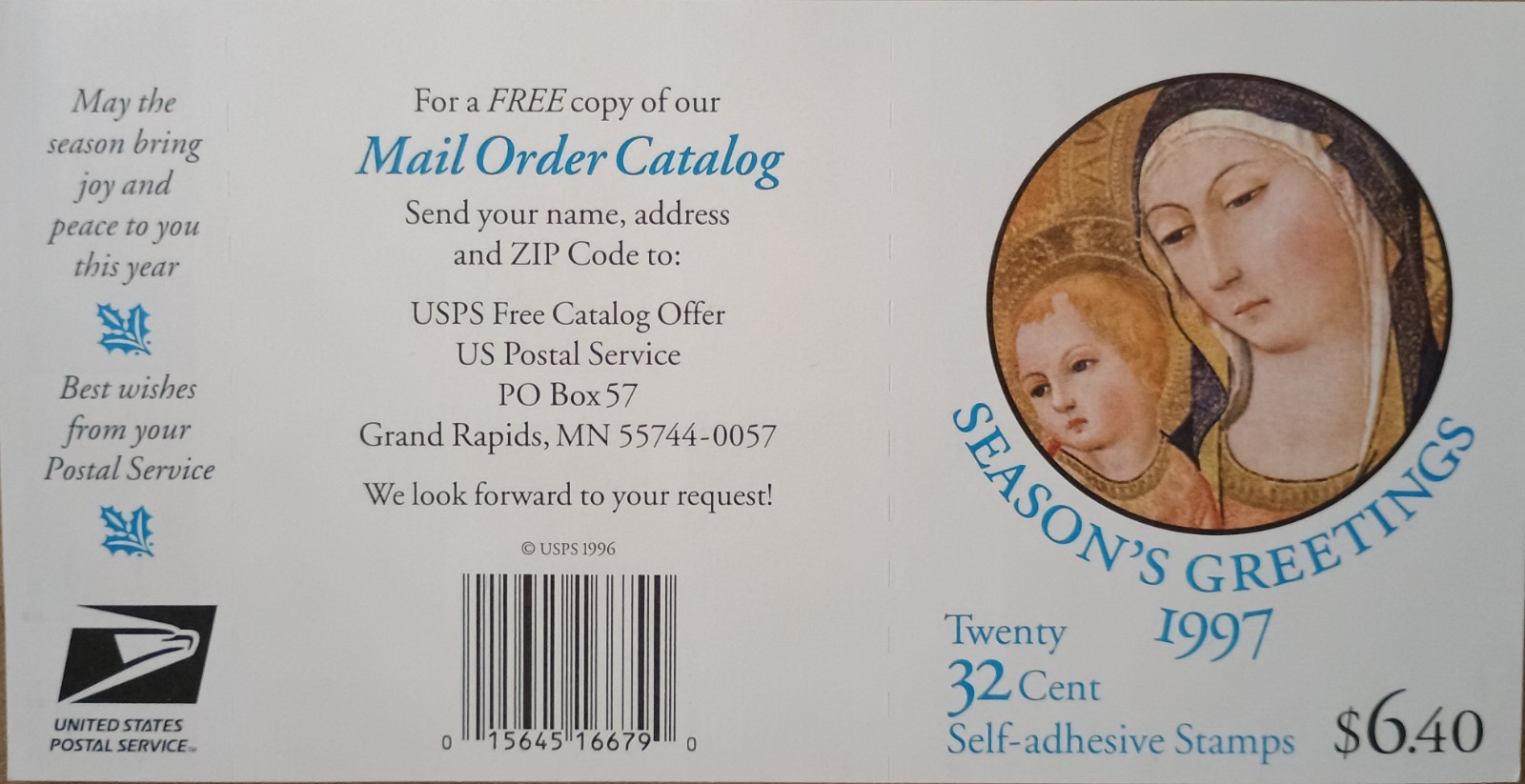 32 cent Madonna and Child – Complete Book of 20 Stamps, New NH (Free Shipping)