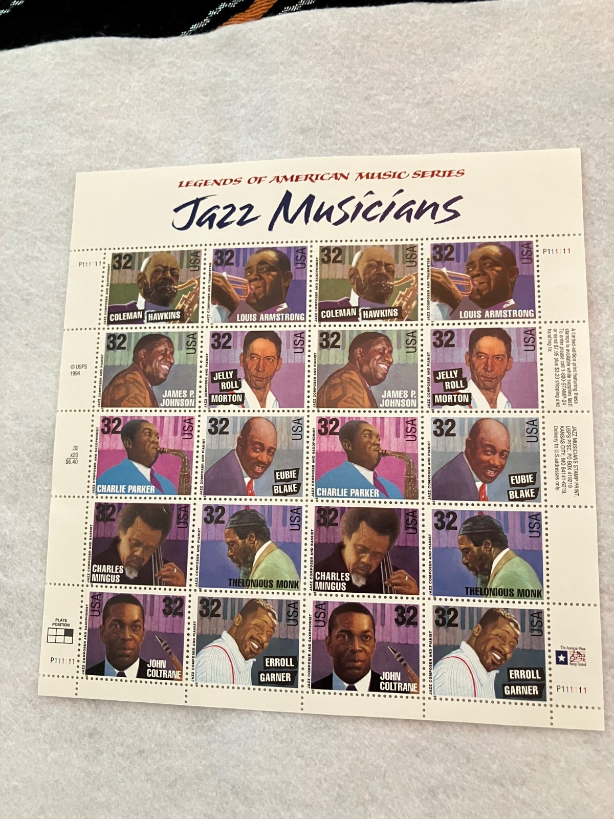 USPS POSTAGE Legends Of American JAZZ MUSICIANS STAMPS Page SHEET OF 20 UNUSED