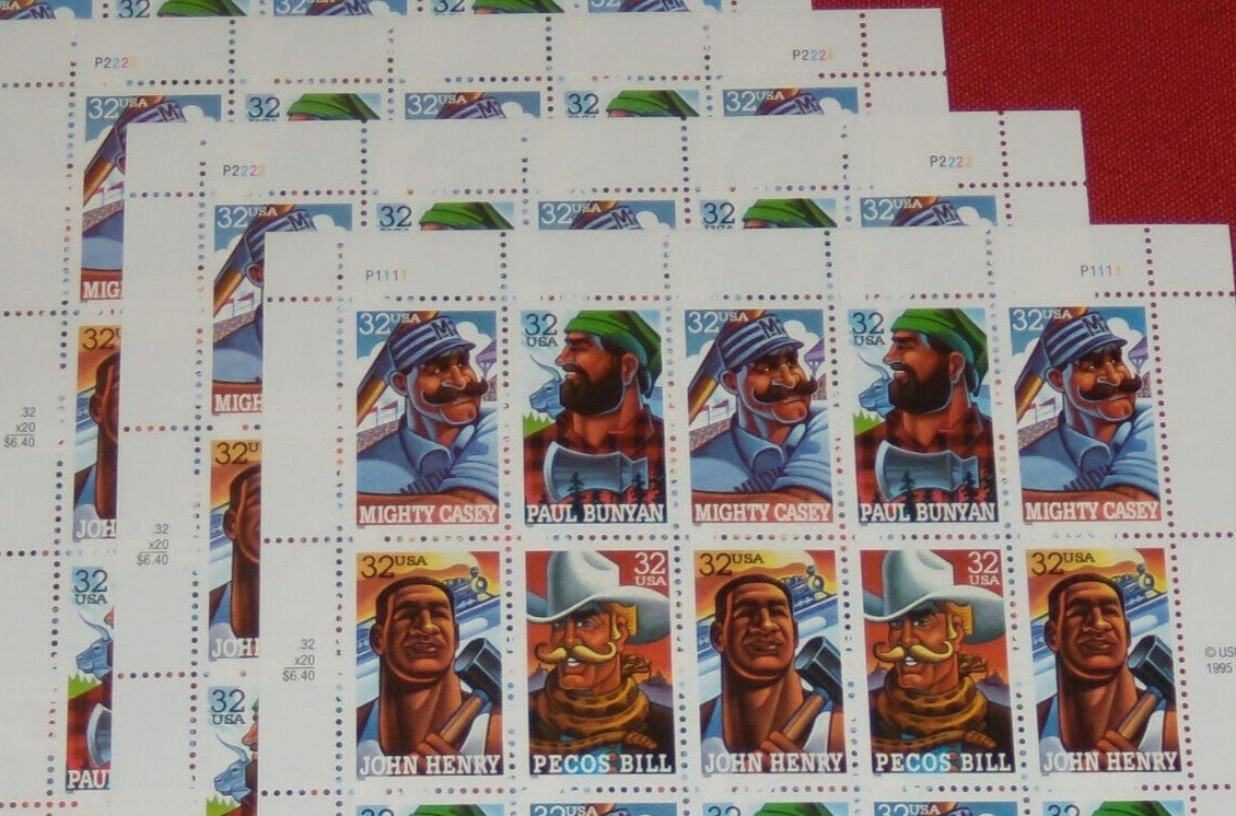Three Sheets x 20 = 80 of FOLK HEROES 32¢ US Postage Stamps. USA Sc # 3083-3086