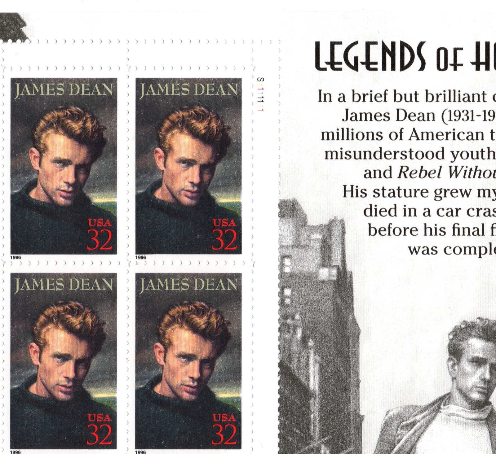 Scott #3082 Legends of Hollywood James Dean Pane of 20 32¢ Stamps 1996 NH, OG