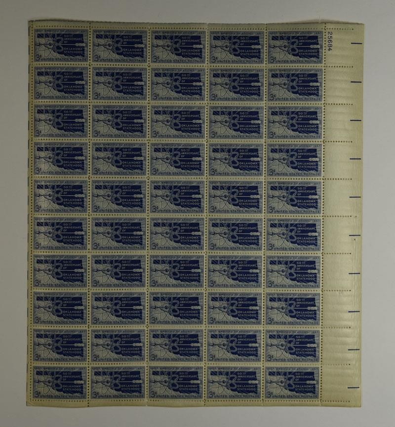 US SCOTT 1092 SHEET OF 50 OKLAHOMA STATEHOOD 3 CENT FACE MNH