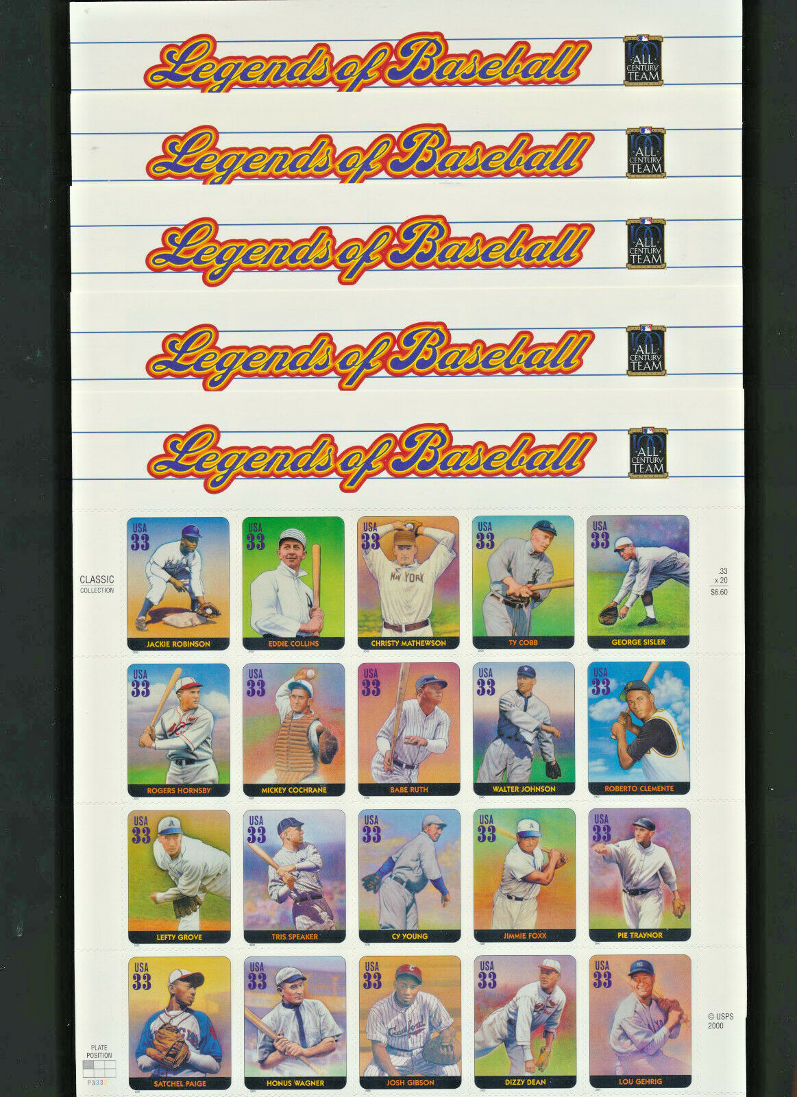 Baseball Legends Lot of FIVE Mint NH Full Sheets. USA #3408 a-t Issued in 2000
