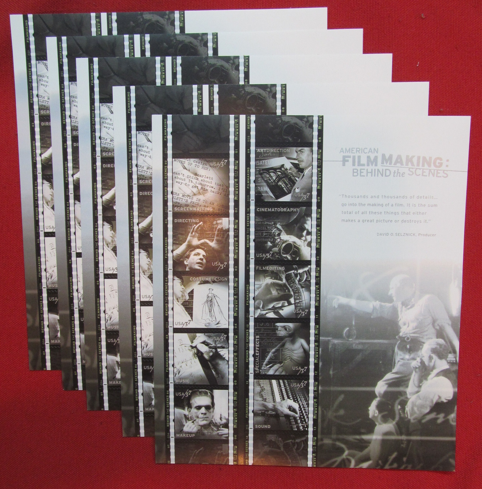 Five Sheets x 10 of AMERICAN FILM MAKING Behind the Scenes 37¢ US Stamps. # 3772