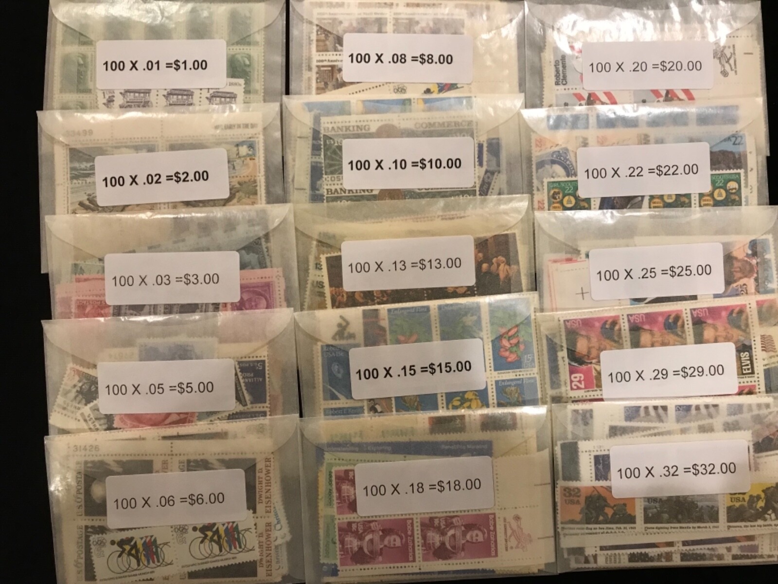 US MINT POSTAGE $66.00 face value collection with 100 each mix Denominations