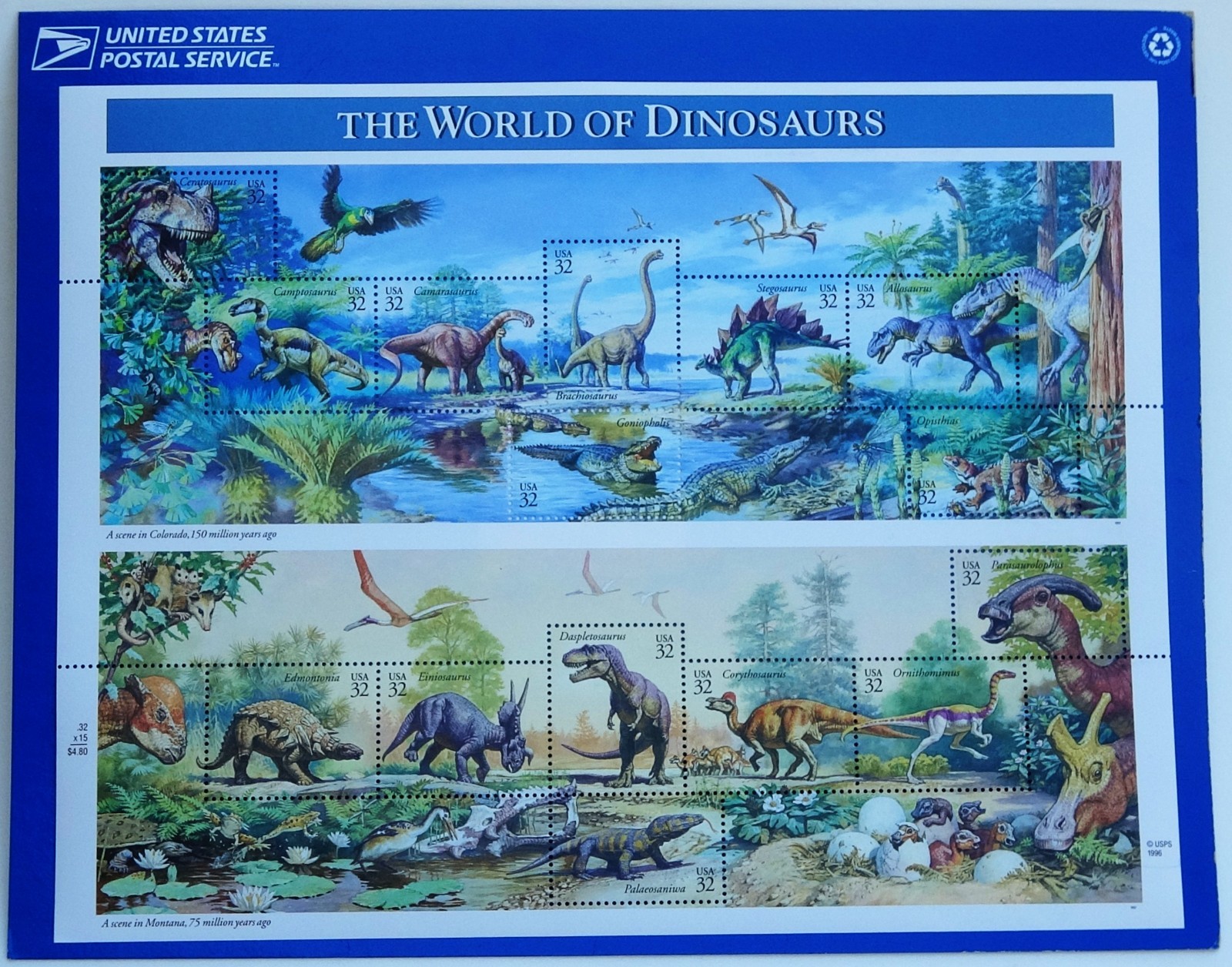 United States 32¢ Dinosaurs Postage Stamps, Single Full Sheet 1996