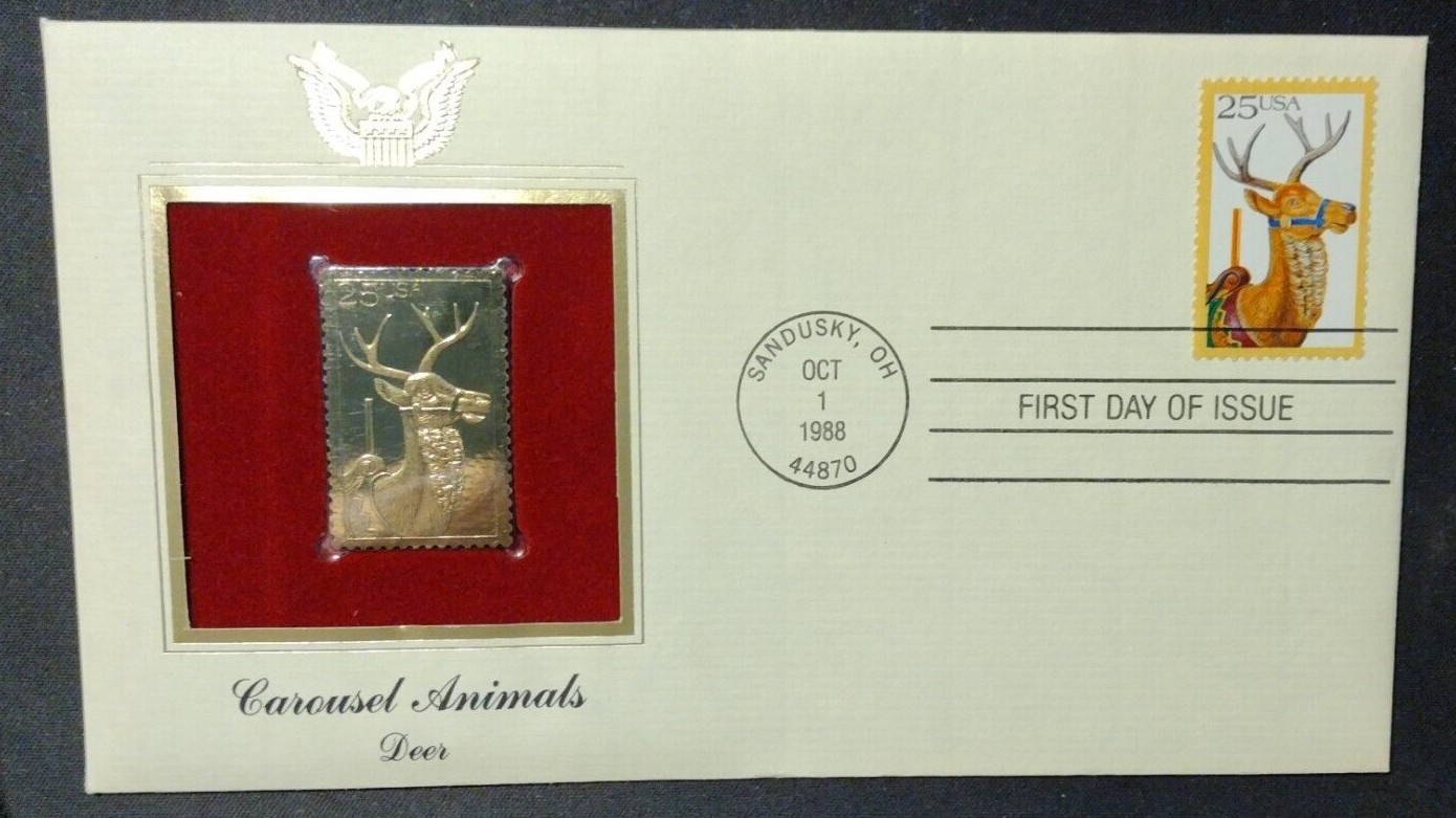 Deer 1988 FIRST DAY ISSUE 25 CENT STAMP GOLD Carousel Animals