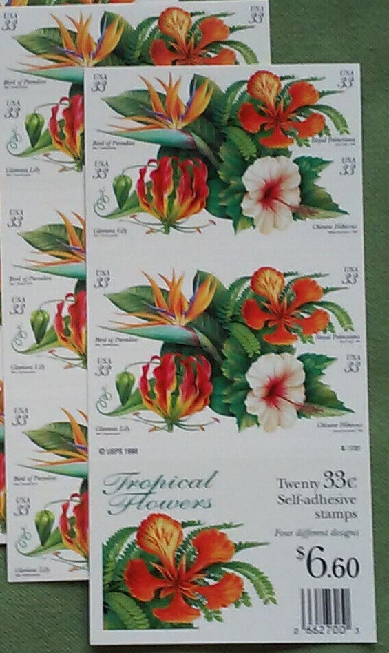 Two Booklets Panes x 20 = 40 of TROPICAL FLOWERS 33¢ US Postage Stamps 3310-3313