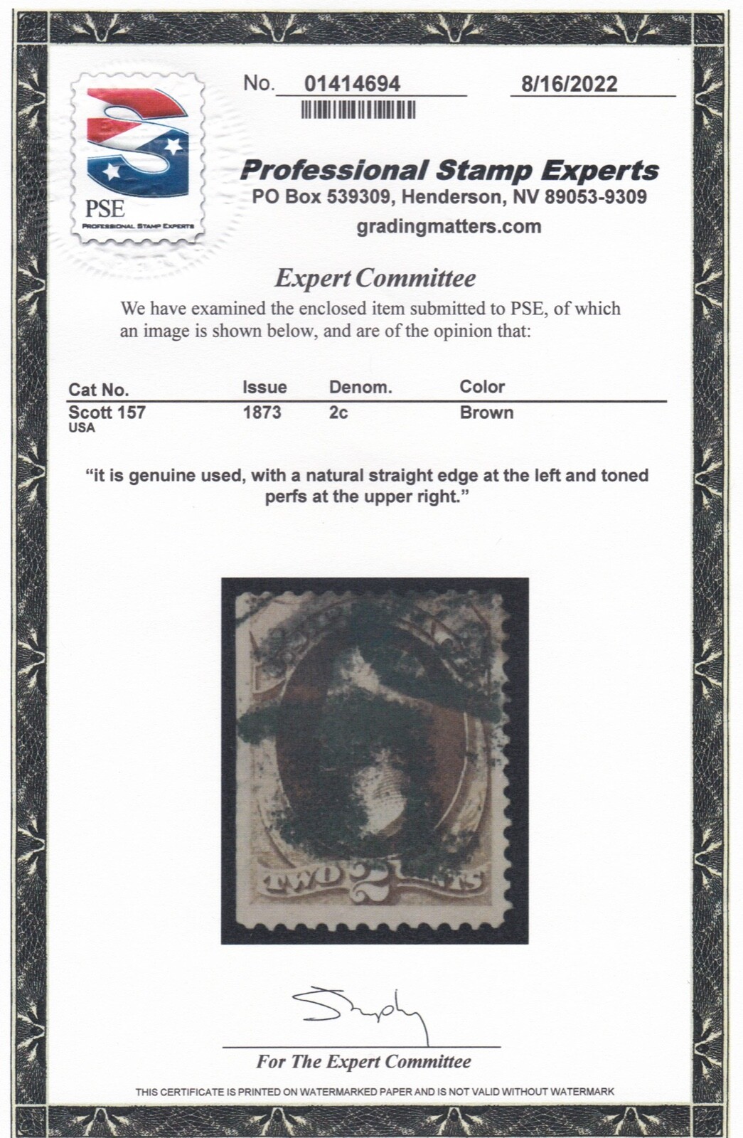 Walking Man ~~ 157 2c Brown ~~ 1873 with Cert