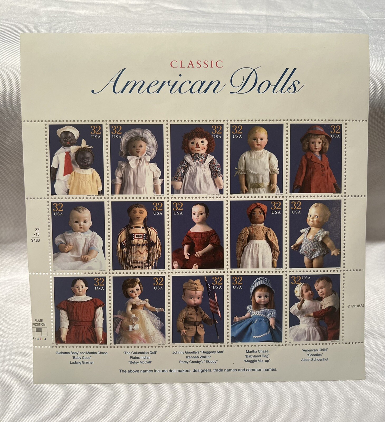 1996 – 15 USPS Postage Stamps American Doll Sheet Of 32 cent stamps