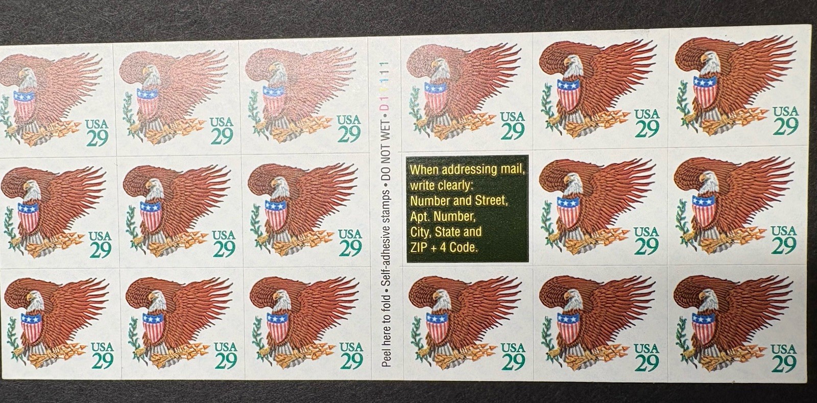 1992 US Scott #2595a 29c Eagle & Shield, Brown Postage Stamps, MNH Booklet of 17