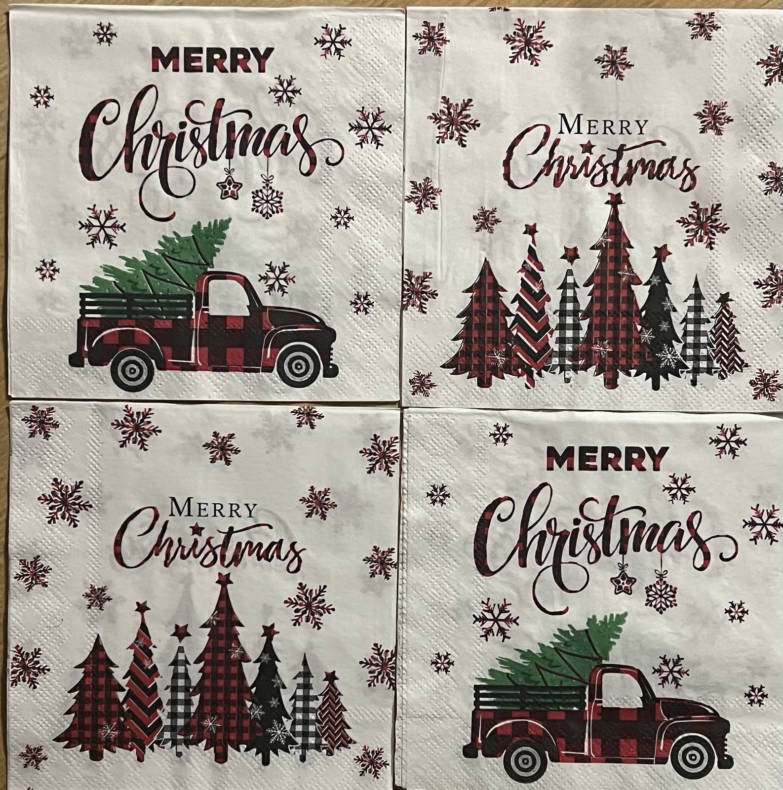 FOUR Beverage Paper Christas Trees /red Truck Snowflakes Decoupage napkins