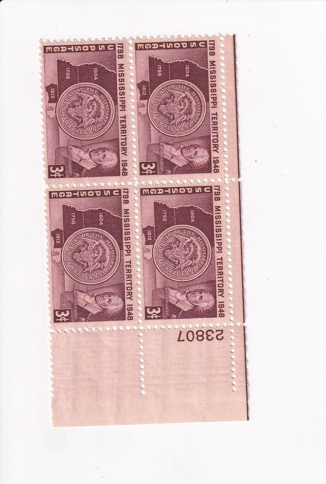 US Postage Stamp 3 CENT 3c PLATE BLOCK MISSISSIPPI TERRITORY