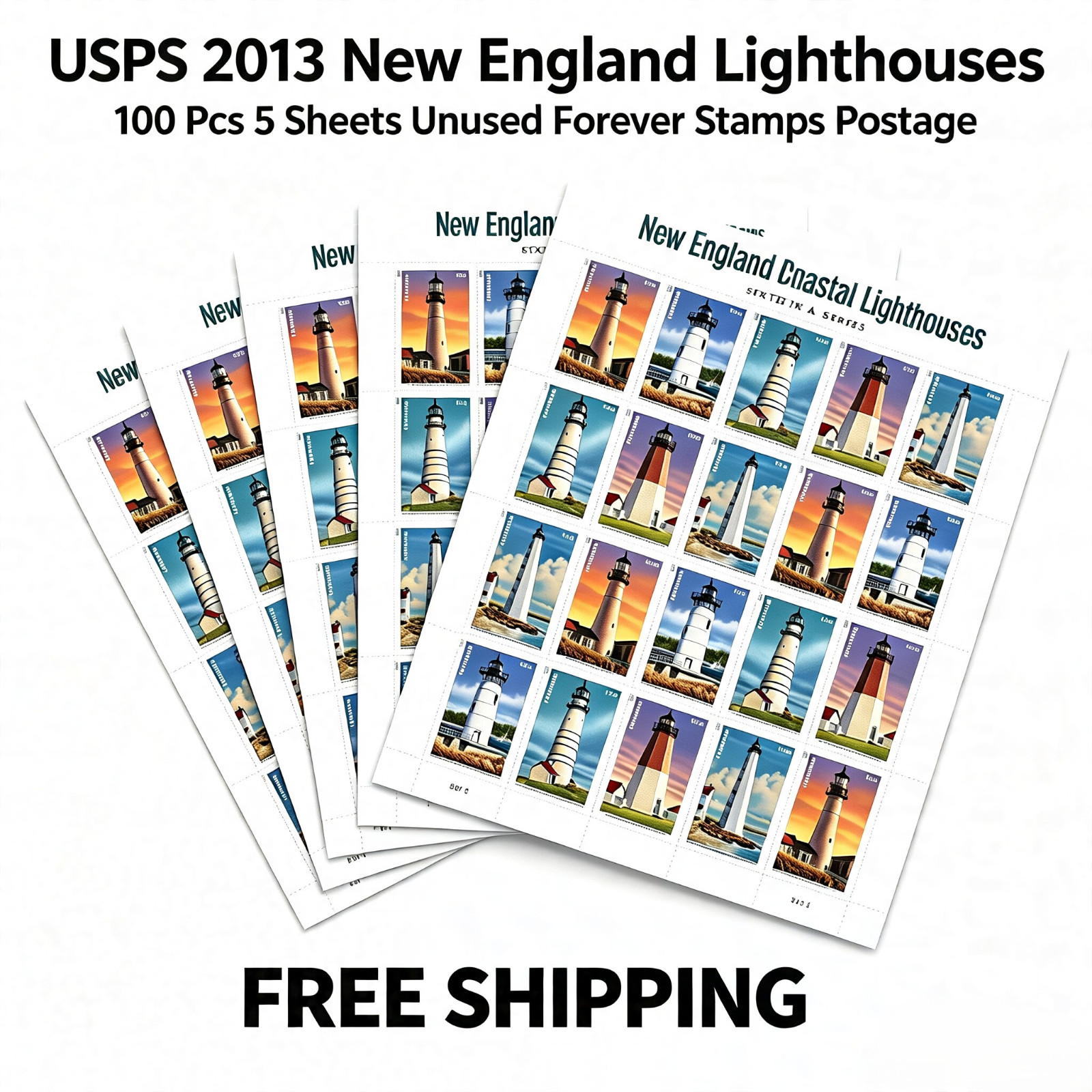 USPS 2013 New England Lighthouses Forever Stamps 5 Sheets 100 Unused Free Ship