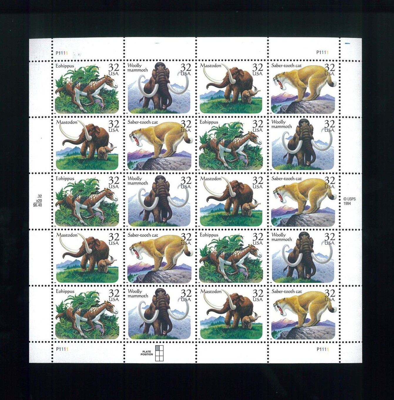 United States 32¢ Prehistoric Animals Postage Stamp #3077-80 MNH Full Sheet