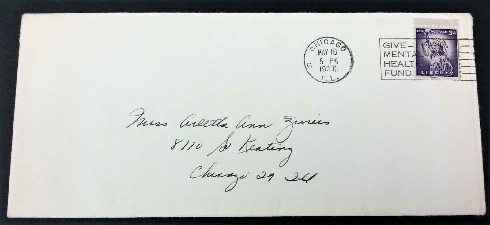 Liberty 3 Cent Stamp US Postage VINTAGE Purple Statue Postmarked 1957 Envelope