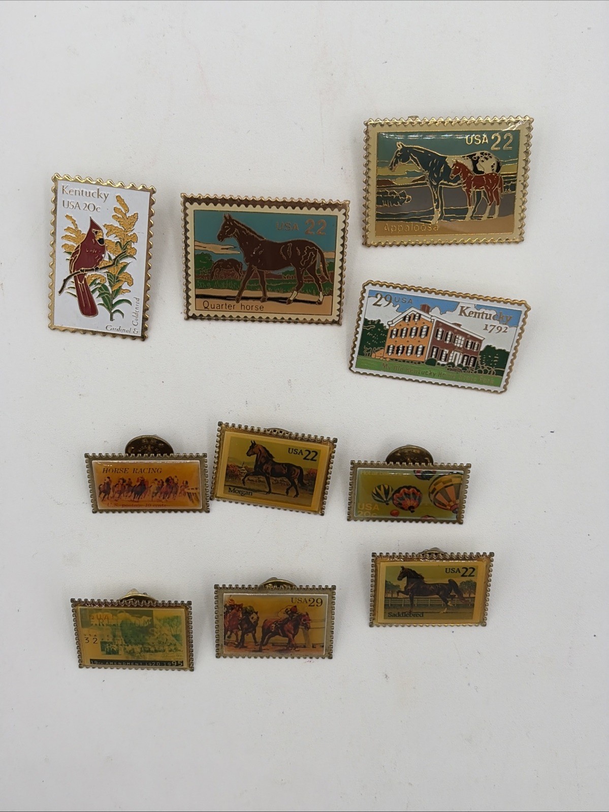 Lot of 10 Vintage USPS Metal Postage Stamp Pins : Horses, Kentucky, Derby, Etc