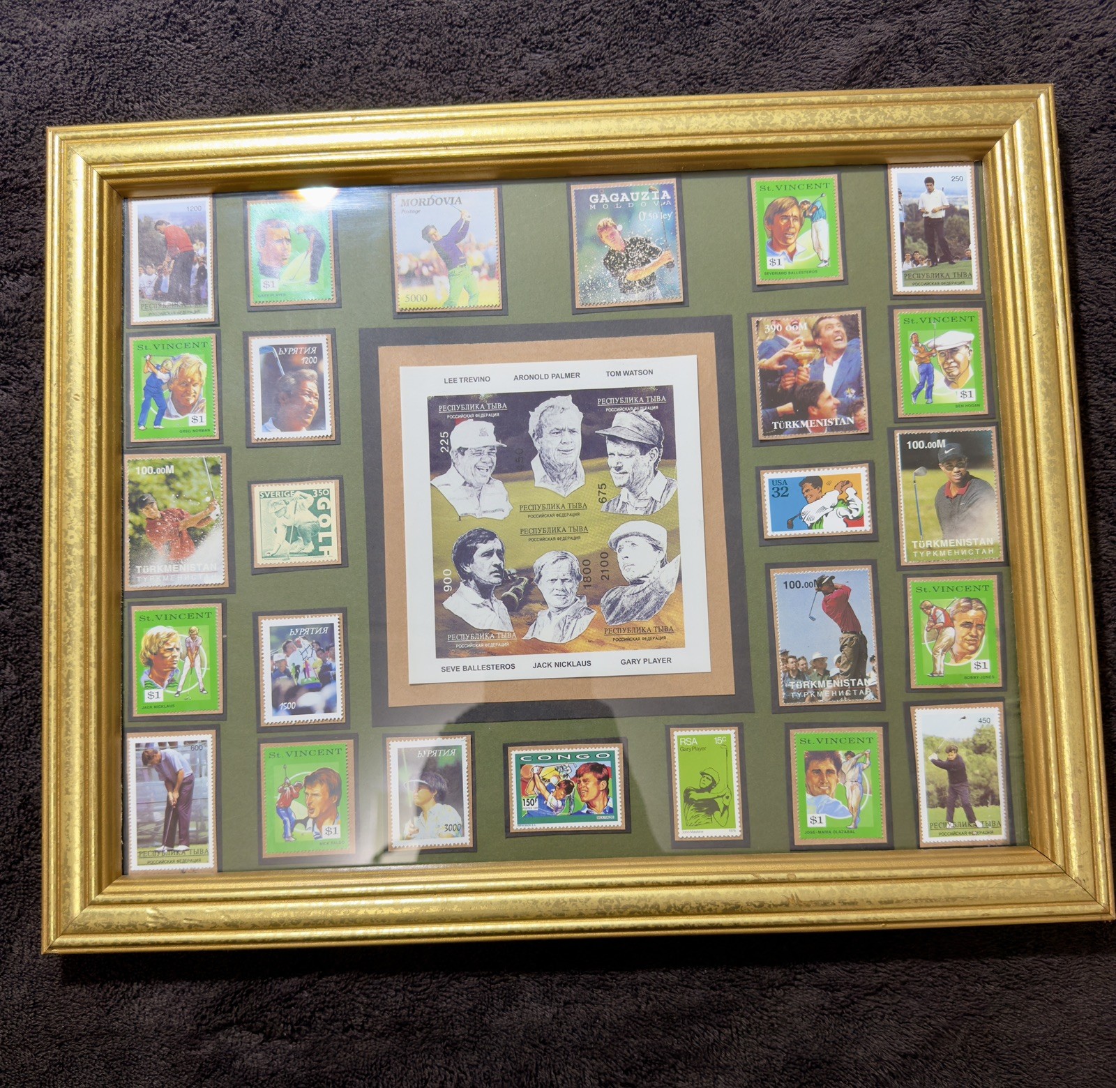 Framed Golf Stamp Collage Arnold Palmer Nicklaus Trevino Watson Woods 21×17