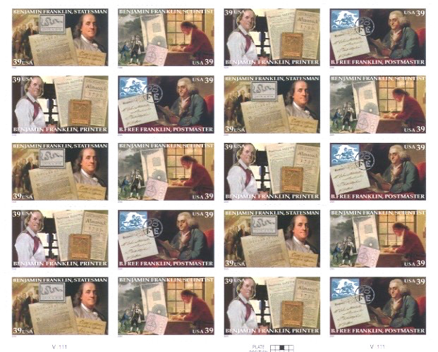 USPS Benjamin Franklin,Perfect Mint Full Sheet of 20 Stamps, SC# 4021-4024. MNH