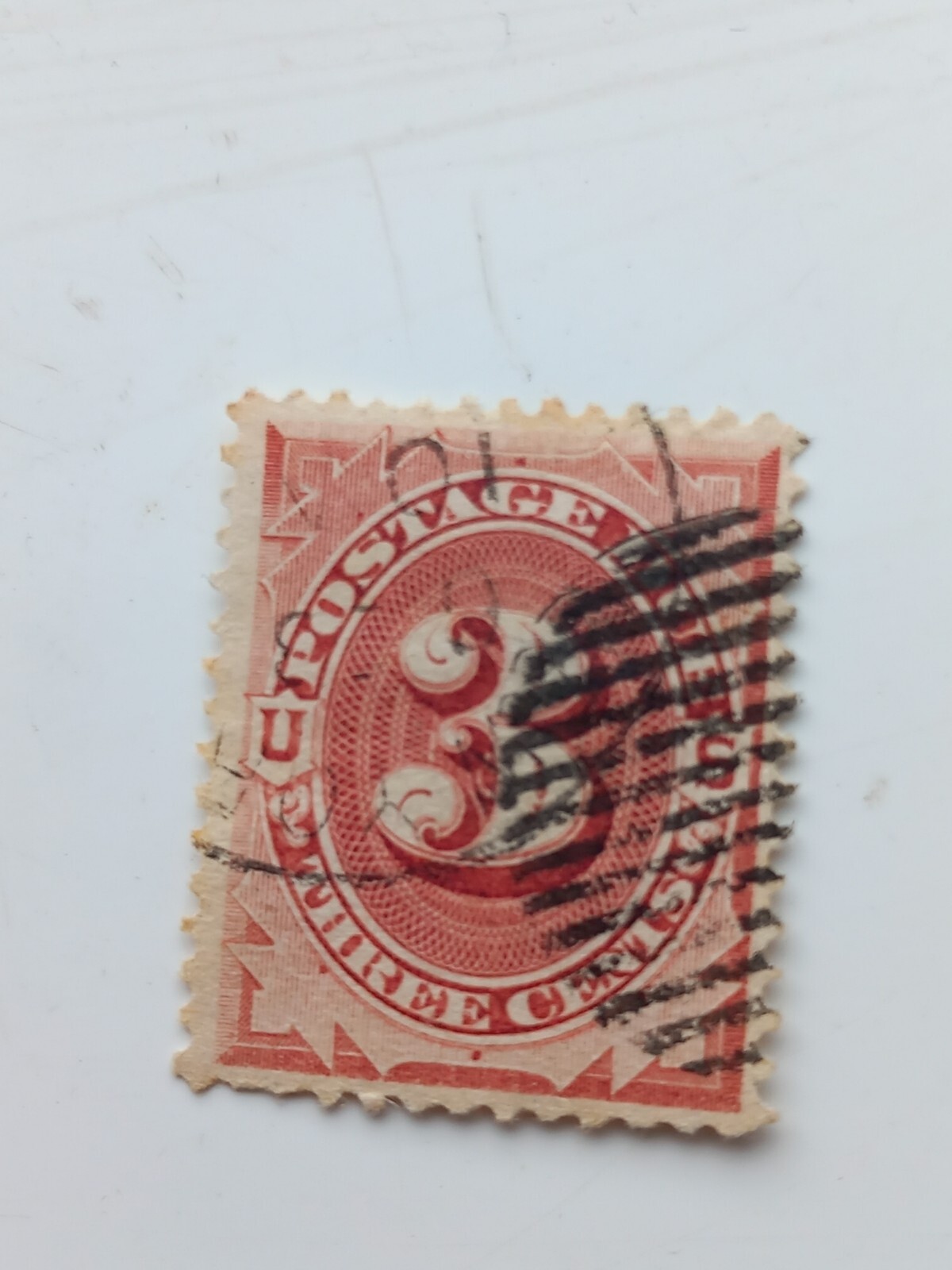 1879 3 CENT POSTAGE DUE USA,PINKY BROWN ,SCOTT J3 QUITE RARE THIS CLEAN SUPERB.