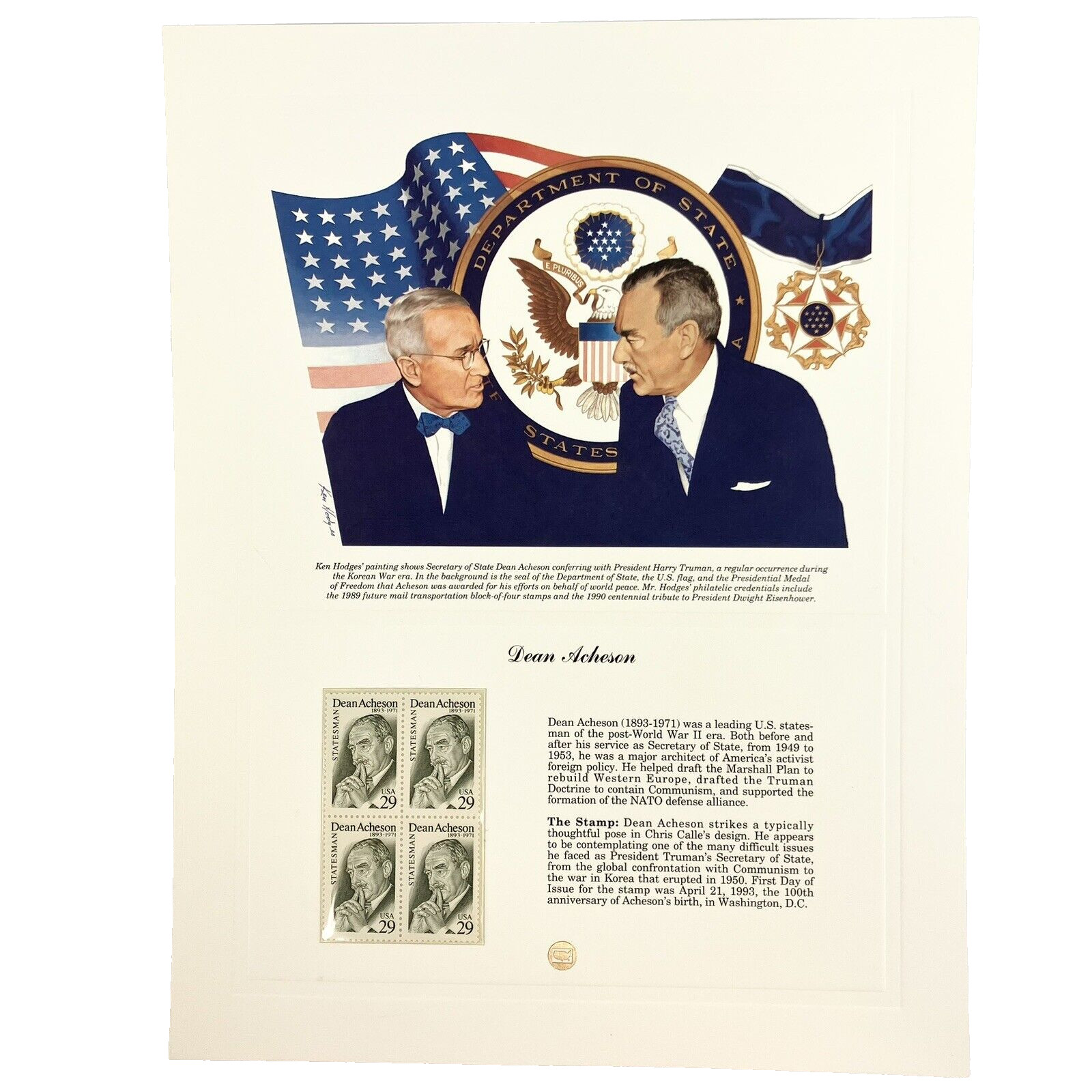 Ken Hodges Dean Acheson Statesman Postage Stamp Art USPS Farmable Gift 1990
