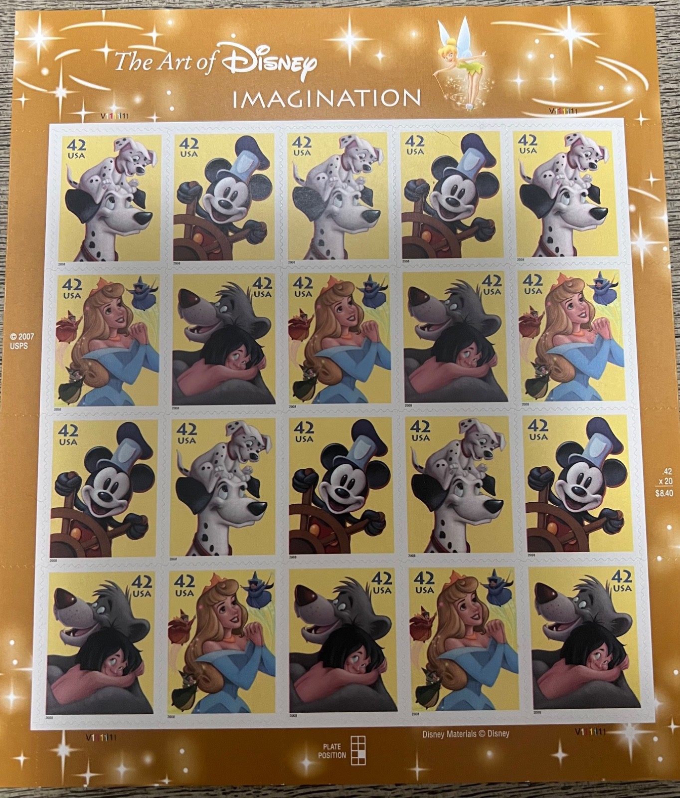 Disney THE ART OF DISNEY Complete Set of 7 Full Sheets of 20 US Stamps 2004-08