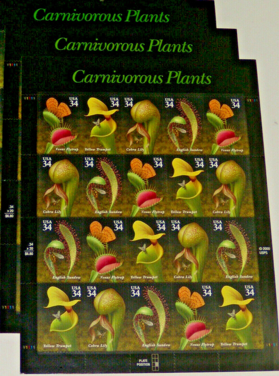 Three x 20 = 60 of CARNIVOROUS PLANTS 34¢ US Postage Stamps. USA Sc # 3528-3531
