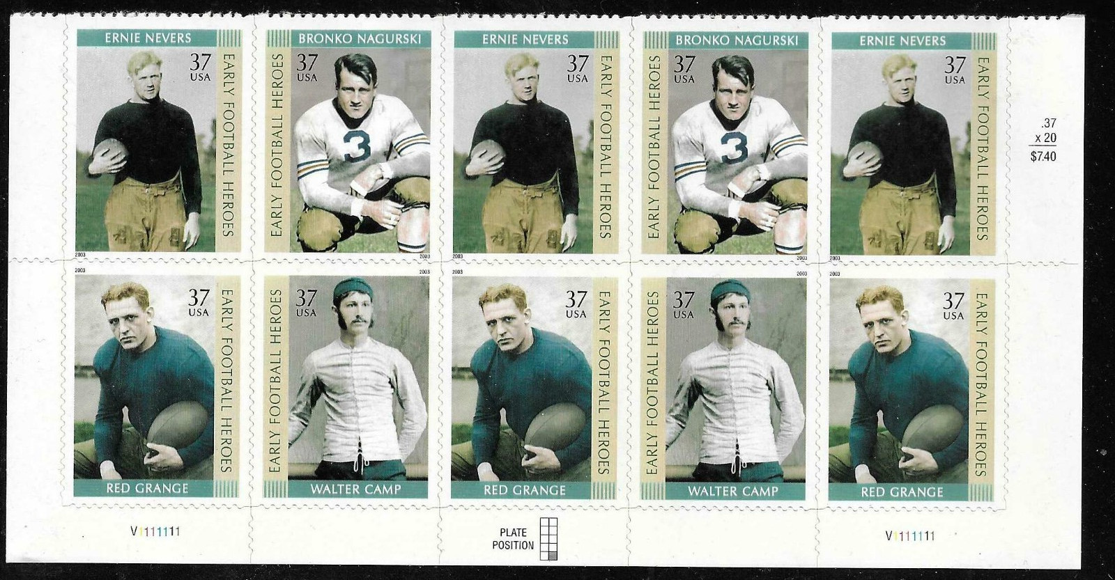 USA SC # 3811a Early Football Heroes / Block 10 Plate # . MNH