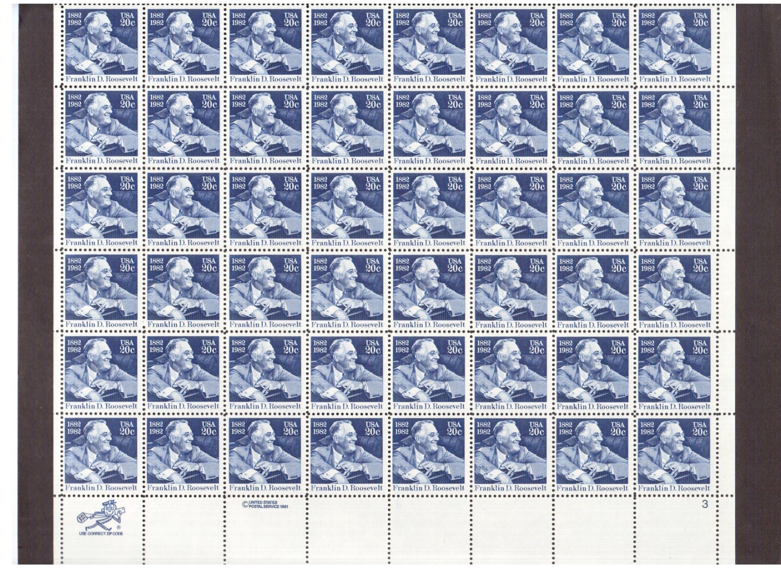 STAMPS FULL SHEET # 1950 President Franklin Delano Roosevelt 20 cent 1982