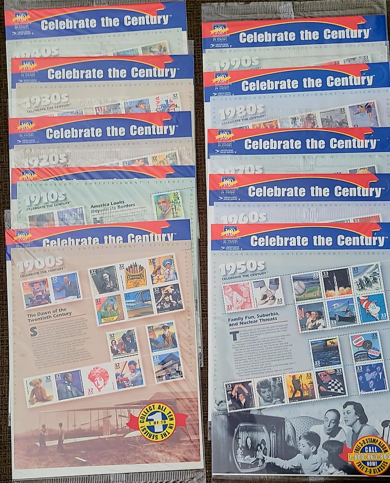 CELEBRATE THE CENTURY 1900-1990 Complete 10 Sheet Set US Stamps USA #3182-3191