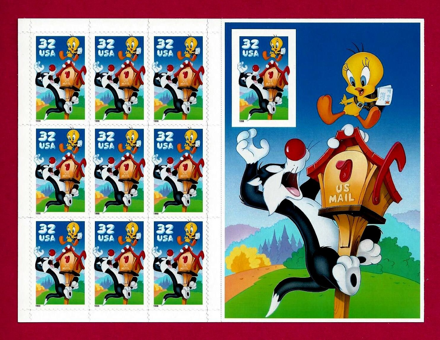 Sylvester Tweety Die-Cut Error on 10th Stamp uncut 3205 Warner Bros 32c MNH