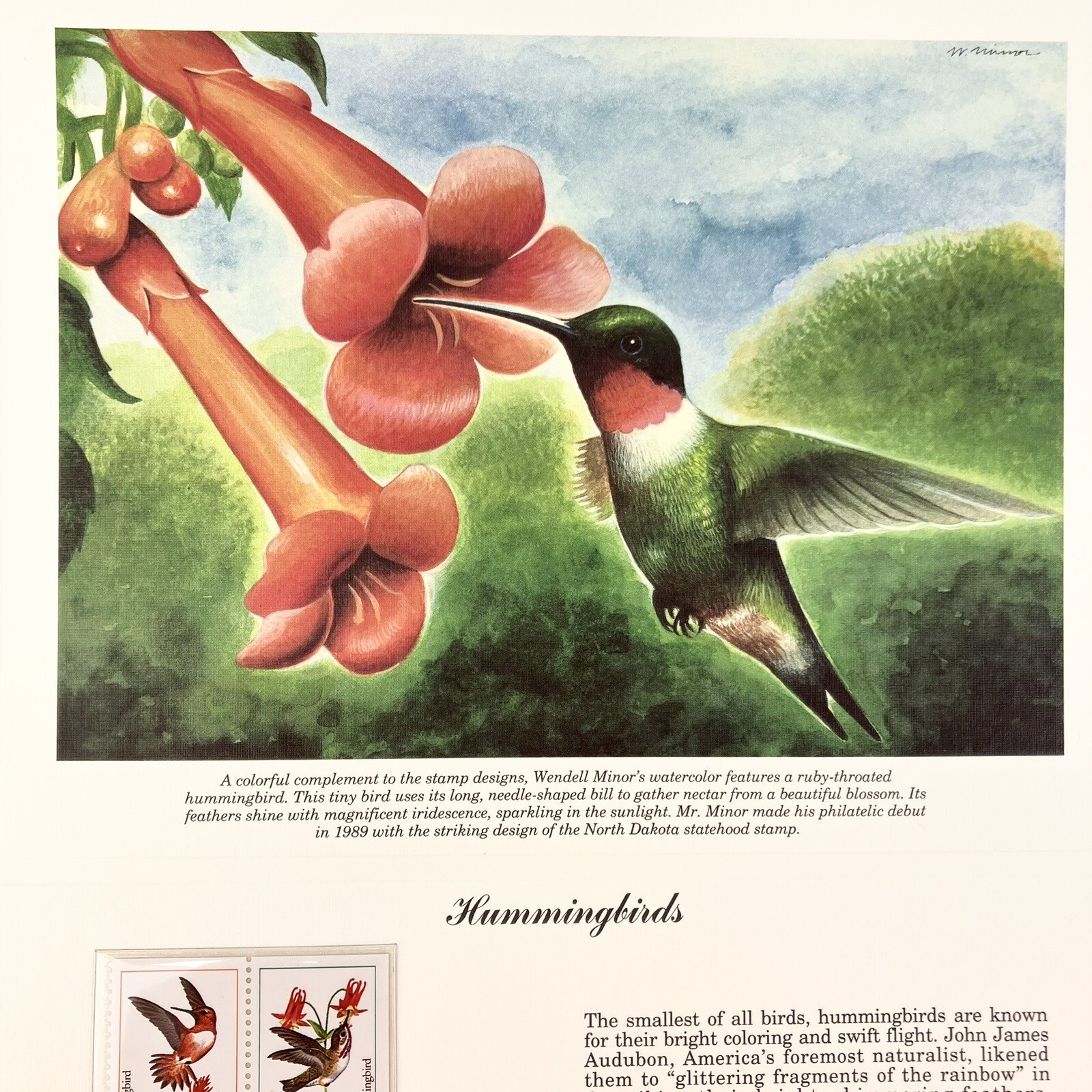 Wendell Minor Hummingbirds Postage Stamp Art USPS Farmable Gift 1992